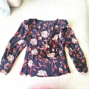 Zara Long Sleeve Black & Pink Rose Print Blouse Sz US Large
